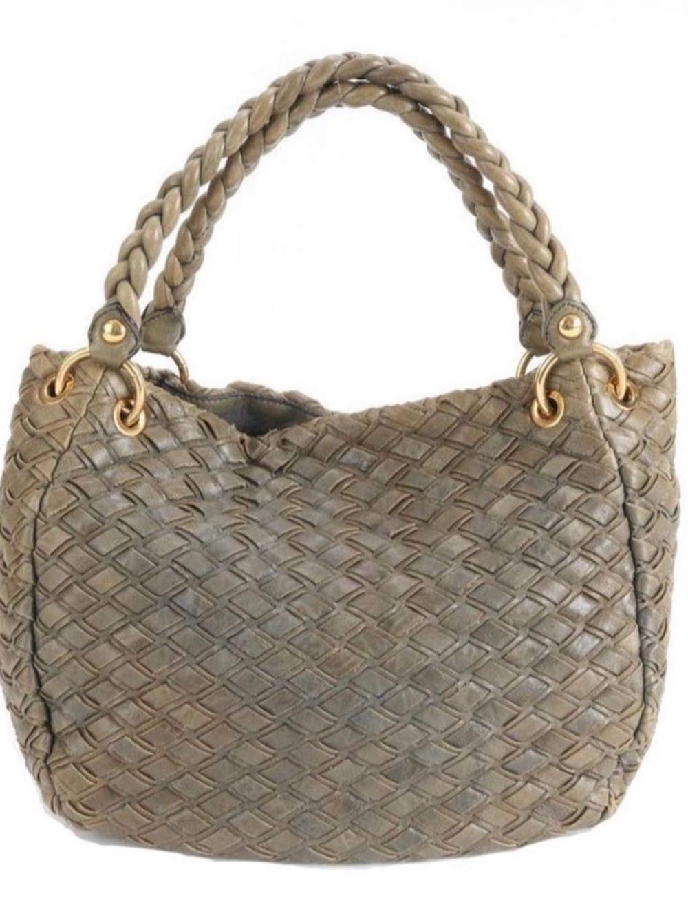 Miu Miu Woven Taupe Leather Shoulder Bag